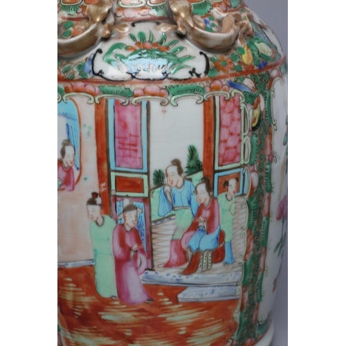 4 - A PAIR OF CANTONESE PORCELAIN FAMILLE ROSE VASES of cylindrical form with waisted necks, the shoulde... 