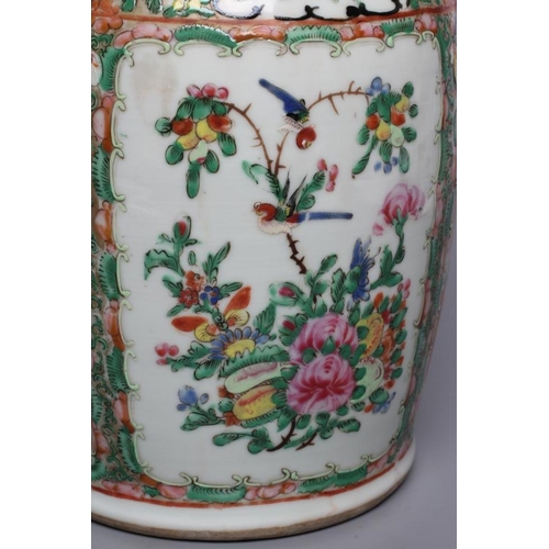 4 - A PAIR OF CANTONESE PORCELAIN FAMILLE ROSE VASES of cylindrical form with waisted necks, the shoulde... 