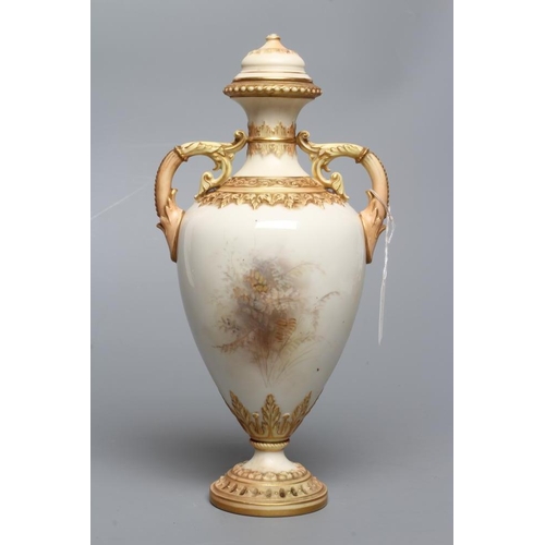 40 - A ROYAL WORCESTER CHINA VASE AND COVER, 1897, of rounded conical form with moulded shoulders and two... 