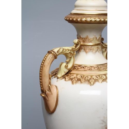 40 - A ROYAL WORCESTER CHINA VASE AND COVER, 1897, of rounded conical form with moulded shoulders and two... 