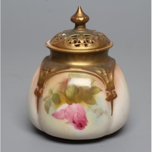 50 - A ROYAL WORCESTER CHINA POT POURRI AND COVER, c.1918, of lobed squat globular form, painted with ful... 