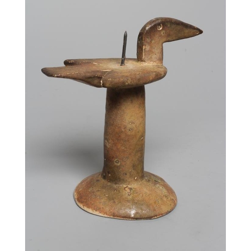 60 - JOHN MALTBY (1936-2000) - a brown glazed stoneware stylised bird pricket candlestick, monogrammed ap... 