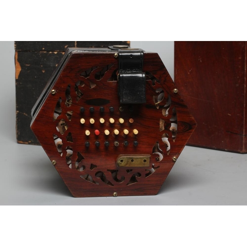 643 - A LACHENAL & CO., LONDON CONCERTINA, Serial No. 14810, with mahogany ends and twenty-one bone button... 