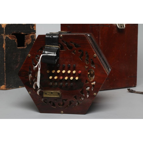 643 - A LACHENAL & CO., LONDON CONCERTINA, Serial No. 14810, with mahogany ends and twenty-one bone button... 