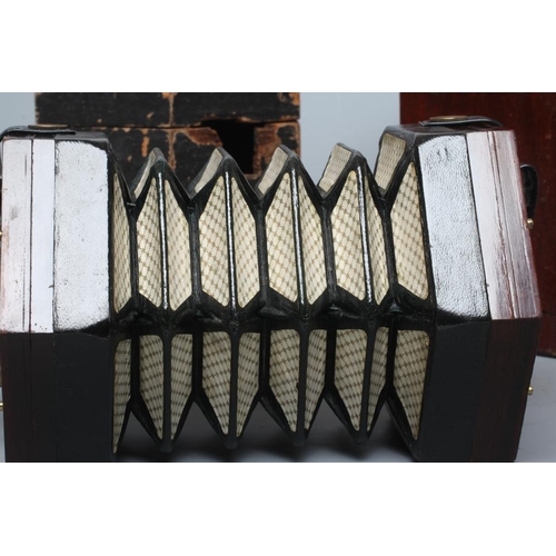 643 - A LACHENAL & CO., LONDON CONCERTINA, Serial No. 14810, with mahogany ends and twenty-one bone button... 