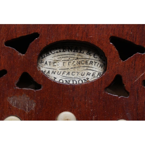 644 - A LACHENAL & CO., LONDON CONCERTINA, Serial No. 84297, with mahogany ends and twenty one bone button... 