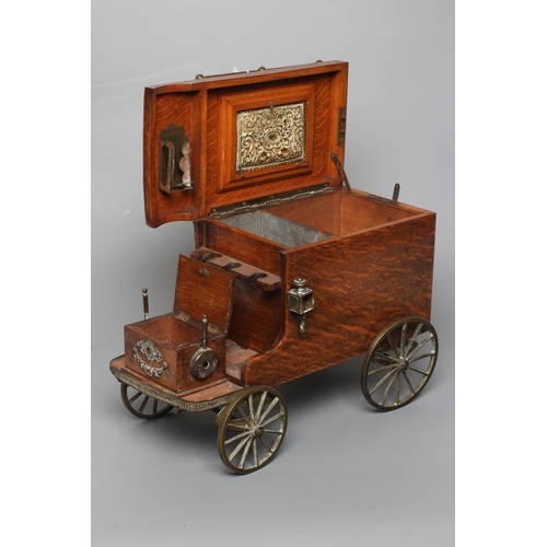 659 - AN EDWARDIAN OAK NOVELTY SMOKERS COMPANION, modelled as a vintage car with cast brass wheels, the hi... 