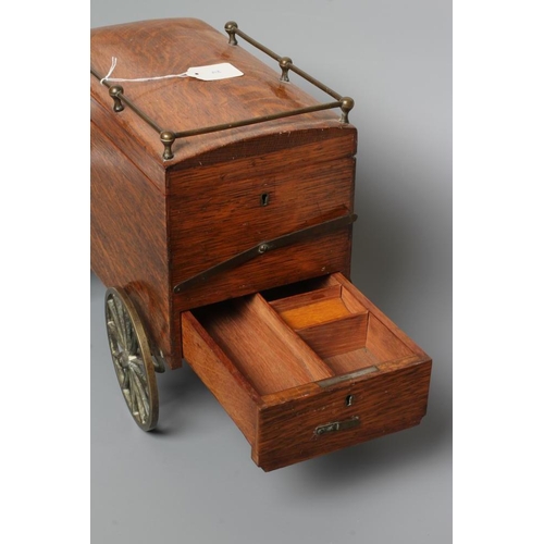 659 - AN EDWARDIAN OAK NOVELTY SMOKERS COMPANION, modelled as a vintage car with cast brass wheels, the hi... 