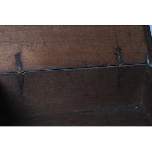 669 - AN OAK BOARDED BOX, c.1700, the hinged lid with punched banding, the fascia carved with trailing fol... 