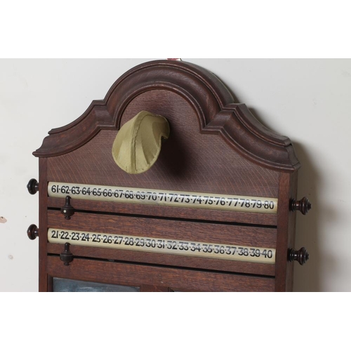 670 - AN OAK BILLIARD ROOM SCORE BOARD, c.1900, of oblong form with moulded cornice over an early electric... 