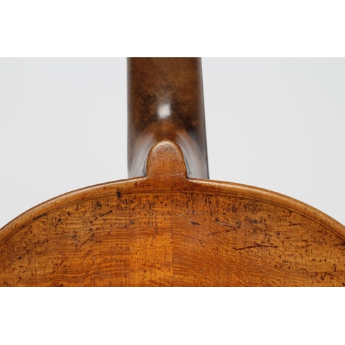 671 - A VIOLIN, the wide grained fascia with notched sound holes, inlaid single purfling and mother of pea... 