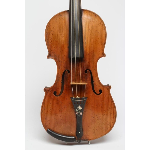 671 - A VIOLIN, the wide grained fascia with notched sound holes, inlaid single purfling and mother of pea... 