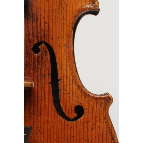 671 - A VIOLIN, the wide grained fascia with notched sound holes, inlaid single purfling and mother of pea... 