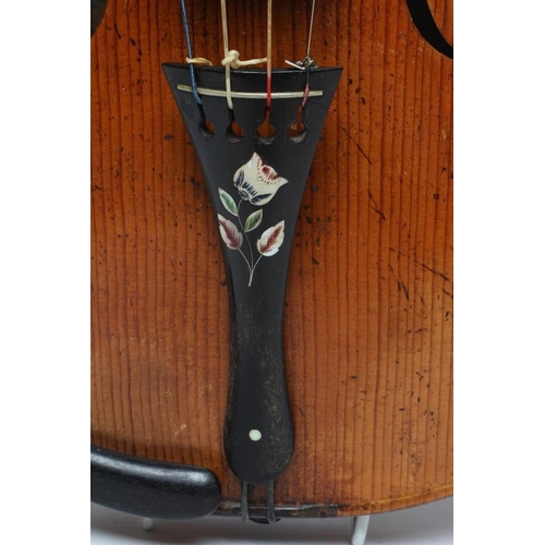 671 - A VIOLIN, the wide grained fascia with notched sound holes, inlaid single purfling and mother of pea... 