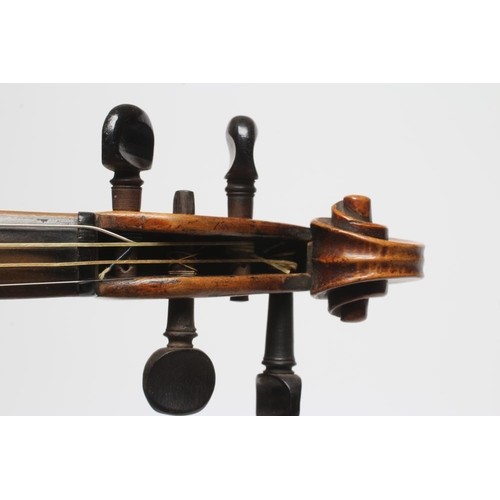 671 - A VIOLIN, the wide grained fascia with notched sound holes, inlaid single purfling and mother of pea... 