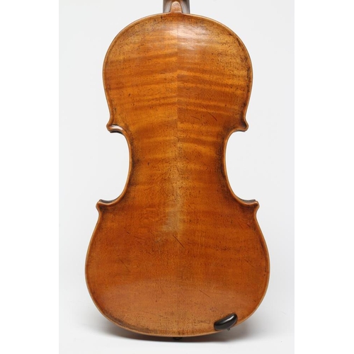 671 - A VIOLIN, the wide grained fascia with notched sound holes, inlaid single purfling and mother of pea... 