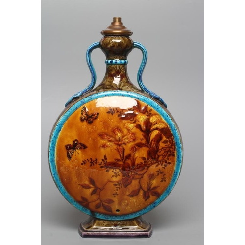 68 - A THEODORE DECK MAJOLICA MOON FLASK, late 19th century, with garlic neck and two scroll handles with... 