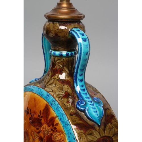 68 - A THEODORE DECK MAJOLICA MOON FLASK, late 19th century, with garlic neck and two scroll handles with... 