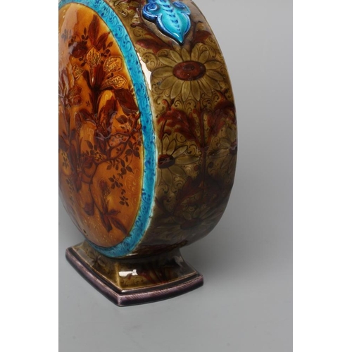 68 - A THEODORE DECK MAJOLICA MOON FLASK, late 19th century, with garlic neck and two scroll handles with... 