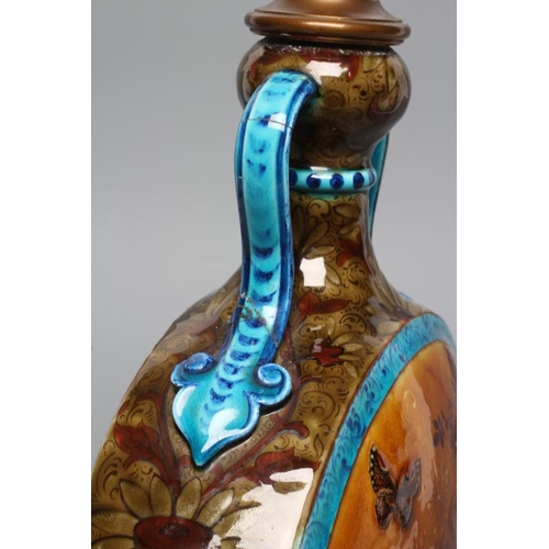 68 - A THEODORE DECK MAJOLICA MOON FLASK, late 19th century, with garlic neck and two scroll handles with... 