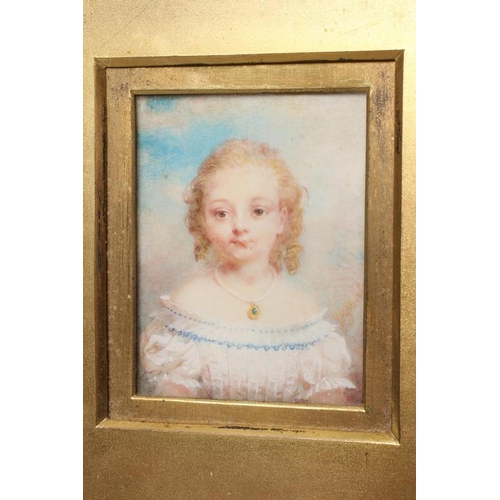 715 - ENGLISH SCHOOL (19th century) Portrait of a Girl in a white silk dress, miniature on ivory, signed w... 