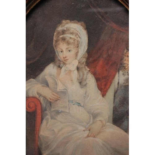 723 - CONTINENTAL SCHOOL (Late 18th Century), A Lady in a White Dress with blue Waist Band, Seated, oval w... 