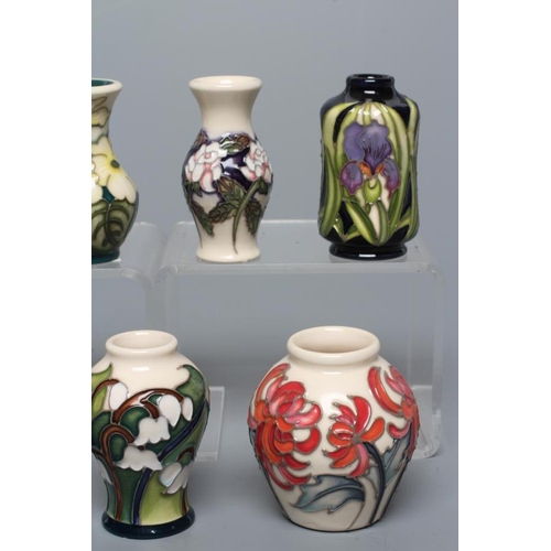 82 - SEVEN MINIATURE MOORCROFT POTTERY VASES, comprising Months of the Year January-Carnation, March-Prim... 