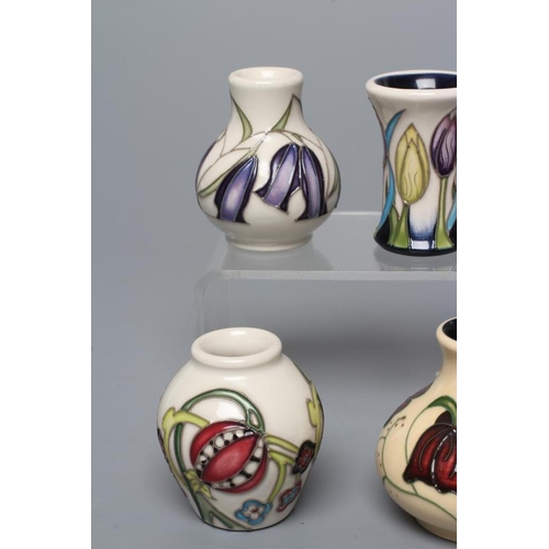 83 - SEVEN MINIATURE MOORCROFT POTTERY VASES, comprising Krokus, Soulful Cheer, Forde Abbey, Chocolate Co... 