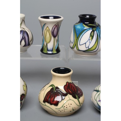 83 - SEVEN MINIATURE MOORCROFT POTTERY VASES, comprising Krokus, Soulful Cheer, Forde Abbey, Chocolate Co... 