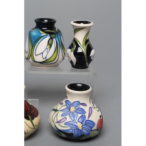 83 - SEVEN MINIATURE MOORCROFT POTTERY VASES, comprising Krokus, Soulful Cheer, Forde Abbey, Chocolate Co... 