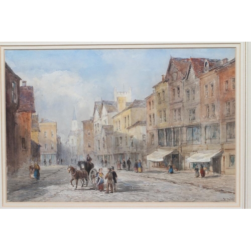 763 - F DICKER (19th century) Street Scene with Figures, watercolour heightened with white, signed, 9 3/4