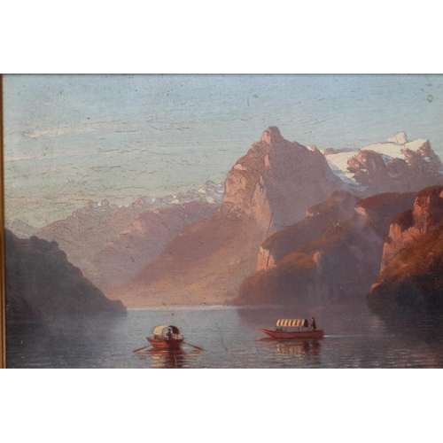 783 - ITALIAN(?)SCHOOL 19th century, Lake Scene with Boats, oil on board, unsigned, 6 1/2