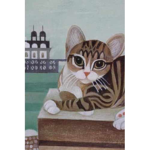 784 - ALFRED DANIELS (1924-2015) Cat Resting by a Pier, gouache on board, signed and dated 2004, 10