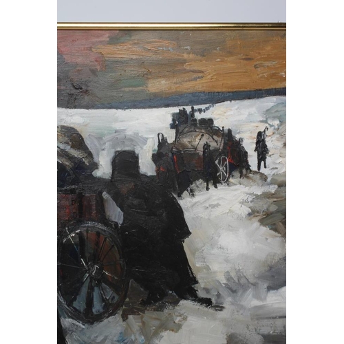 821 - TOM DURKIN (1928-1990) Expulsion of the Russian Jews, oil on board, signed, 30 1/2