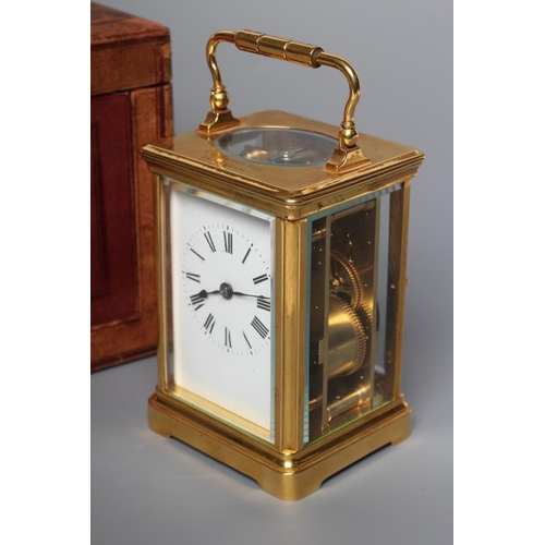 853 - A BRASS CARRIAGE CLOCK, early 20th century, the twin barrel movement with platform escapement striki... 