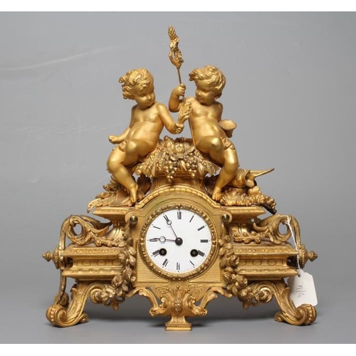 854 - A FRENCH ORMOLU MANTEL CLOCK, 19th century, the twin barrel movement with anchor escapement and outs... 