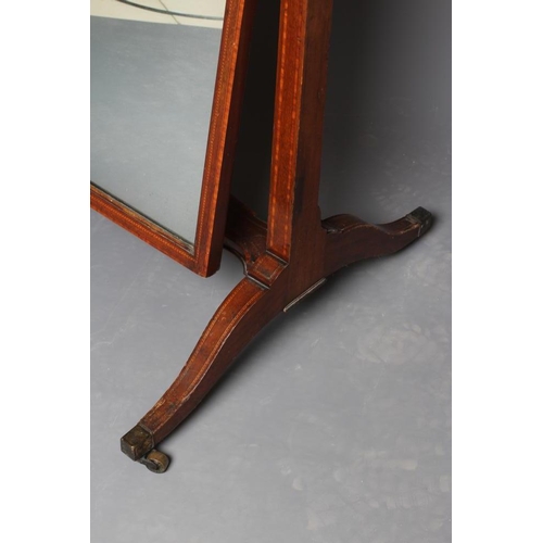 891 - AN EDWARDIAN MAHOGANY CHEVAL MIRROR with satinwood banding and chequer stringing, the oblong plate o... 