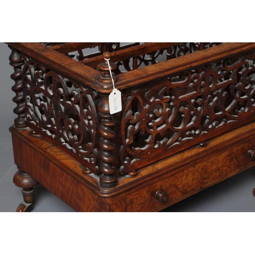 894 - A VICTORIAN BURR WALNUT CANTERBURY of oblong form with fret work sides and two divisions on spindle ... 