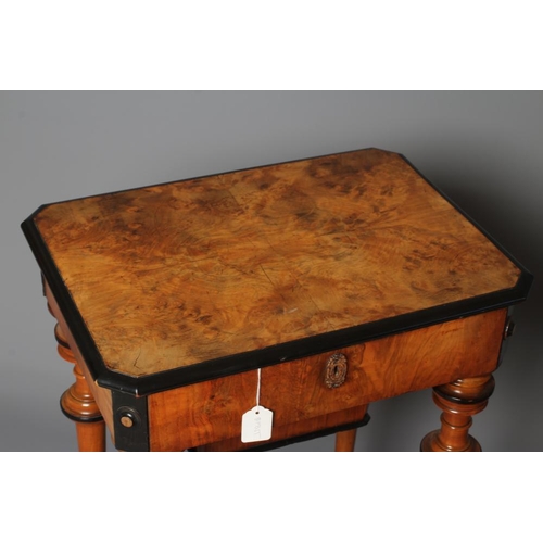 896 - A VICTORIAN WALNUT AND MAPLE SEWING TABLE of canted oblong form with ebony trim, the hinged lid open... 