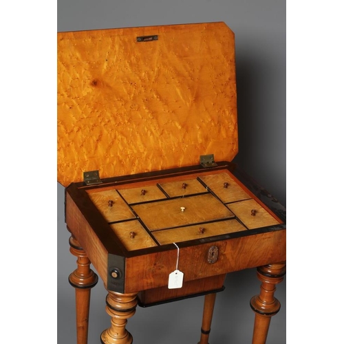 896 - A VICTORIAN WALNUT AND MAPLE SEWING TABLE of canted oblong form with ebony trim, the hinged lid open... 