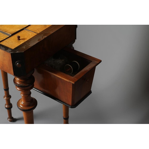 896 - A VICTORIAN WALNUT AND MAPLE SEWING TABLE of canted oblong form with ebony trim, the hinged lid open... 