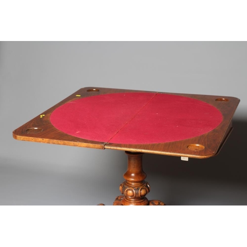 898 - A VICTORIAN BURR WALNUT FOLDING CARD TABLE, the moulded edged rounded oblong top opening to interior... 