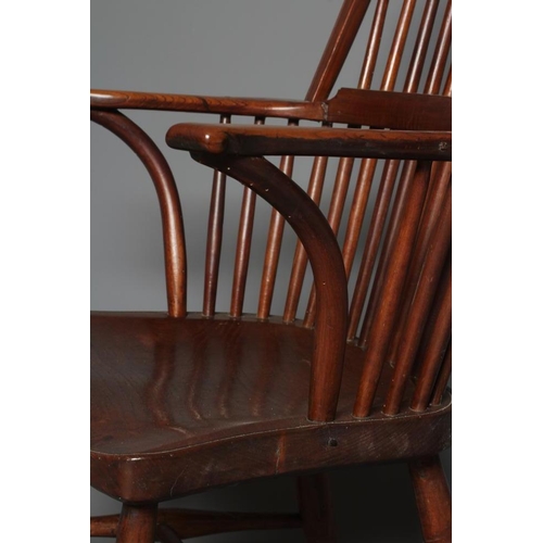 902 - AN ASH AND ELM STICK BACK WINDSOR ARMCHAIR, Thames Valley, 19th century, with high hoop back, steppe... 