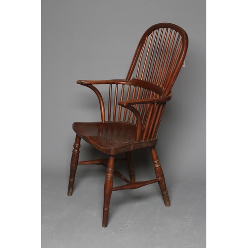 902 - AN ASH AND ELM STICK BACK WINDSOR ARMCHAIR, Thames Valley, 19th century, with high hoop back, steppe... 