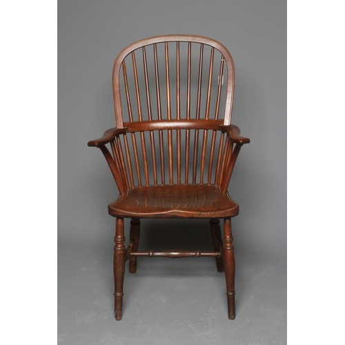 902 - AN ASH AND ELM STICK BACK WINDSOR ARMCHAIR, Thames Valley, 19th century, with high hoop back, steppe... 