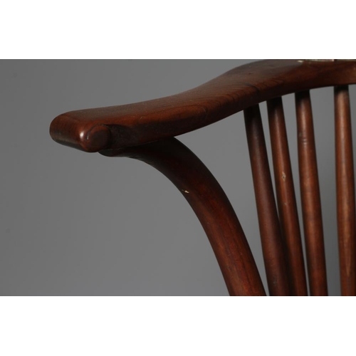 902 - AN ASH AND ELM STICK BACK WINDSOR ARMCHAIR, Thames Valley, 19th century, with high hoop back, steppe... 