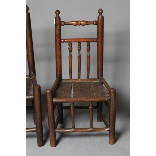 905 - AN ASH AND OAK BACKSTOOL, c.1700 (?), the plain uprights with incised banding and turned finials, sp... 