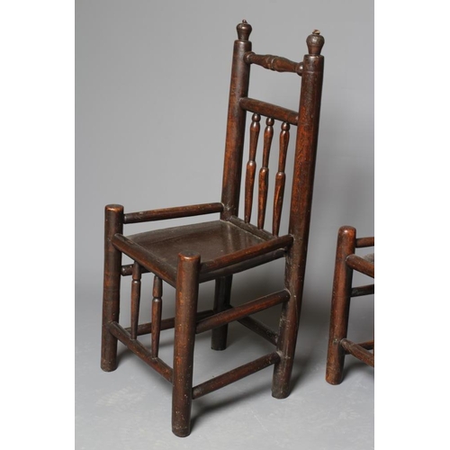 905 - AN ASH AND OAK BACKSTOOL, c.1700 (?), the plain uprights with incised banding and turned finials, sp... 