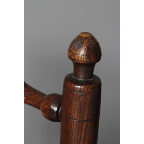 905 - AN ASH AND OAK BACKSTOOL, c.1700 (?), the plain uprights with incised banding and turned finials, sp... 