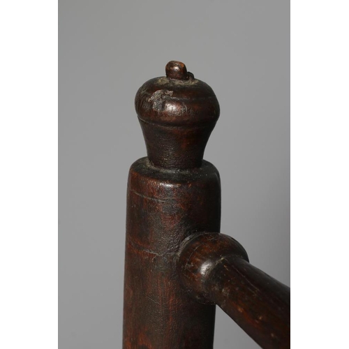 905 - AN ASH AND OAK BACKSTOOL, c.1700 (?), the plain uprights with incised banding and turned finials, sp... 